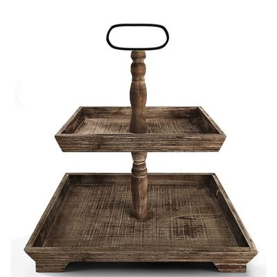 Customização Farmhouse Madeira 2 Tier Tray Stand para servir alimentos Frutas Cupcakes Quadrado Tier no restaurante Home Cake