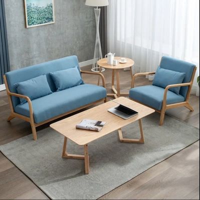 Sofá de sala de estar conjunto de móveis desmontado braços cadeira de madeira com design moderno e castanho profundo / branco cremoso / azul / cinza