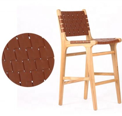 Barstool moderno de assento alto com assento de corda tecida e quadro acentuado de couro