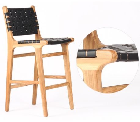 Barstool moderno de assento alto com assento de corda tecida e quadro acentuado de couro