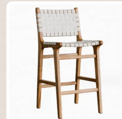 Barstool moderno de assento alto com assento de corda tecida e quadro acentuado de couro