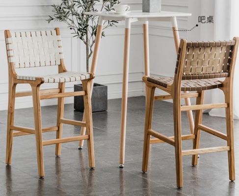 Barstool moderno de assento alto com assento de corda tecida e quadro acentuado de couro