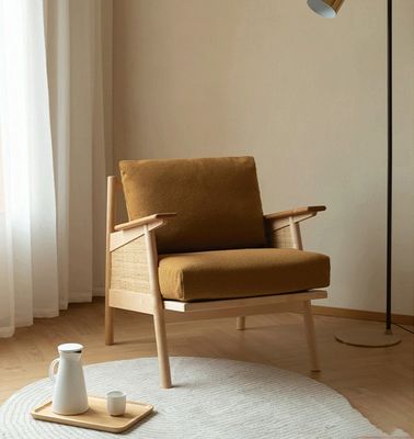 Casa Mobiliário Geral Lounge Nórdico Sofá de madeira cadeira com travesseiro de penas natural tecido de rotão cadeira de madeira maciça