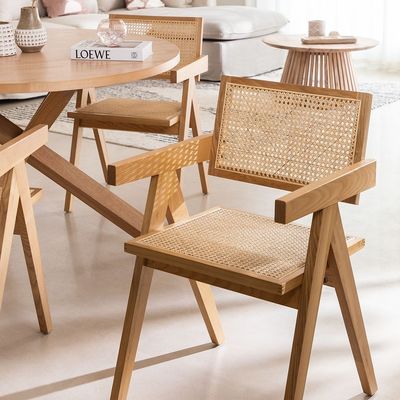 Morden Dining Fruniture Cadeira de jantar específica para jardim vintage Cane Rattan Wicker Poltrona de madeira na sala de jantar do hotel