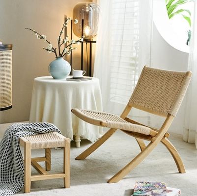 Mobiliário de sala de estar de hotel estilo nórdico cadeira de lazer de madeira maciça com cordão tecido e design dobrável