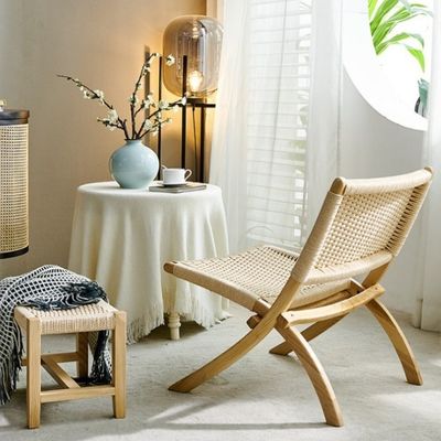 Mobiliário de sala de estar de hotel estilo nórdico cadeira de lazer de madeira maciça com cordão tecido e design dobrável