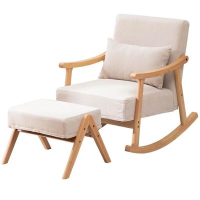 Mobiliário elegante de sala de estar cadeira de balanço de madeira estofada e banquinho para relaxar