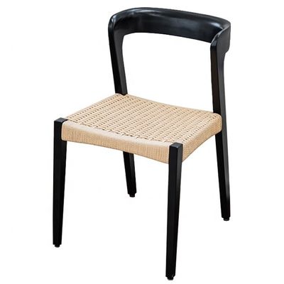 Moderna cadeira de restaurante de madeira maciça com assento de corda e logotipo personalizado aceito