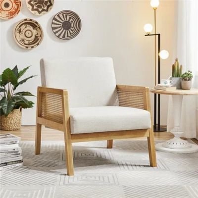 Sala de estar moderna Poltrona de luxo Mobiliário Sofá de madeira Cadeira com tecido de luxo Veludo e Rattan em cor natural popular