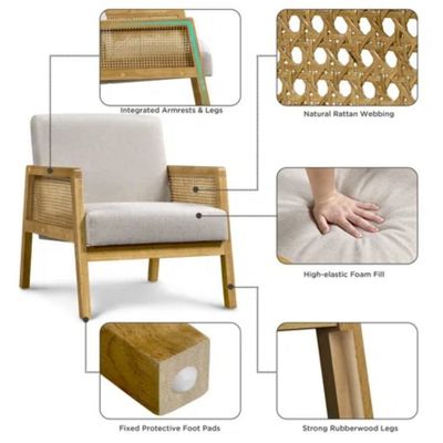 Sala de estar moderna Poltrona de luxo Mobiliário Sofá de madeira Cadeira com tecido de luxo Veludo e Rattan em cor natural popular