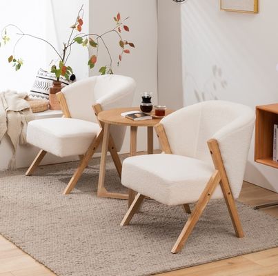 W60*D68*H77CM Mobiliário moderno de sala de estar Cadeira de salão Cadeira de sofá de madeira KD Cadeira de acento de lã de cordeiro tecido branco