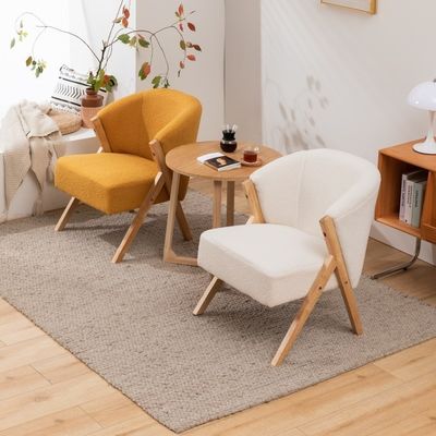 W60*D68*H77CM Mobiliário moderno de sala de estar Cadeira de salão Cadeira de sofá de madeira KD Cadeira de acento de lã de cordeiro tecido branco