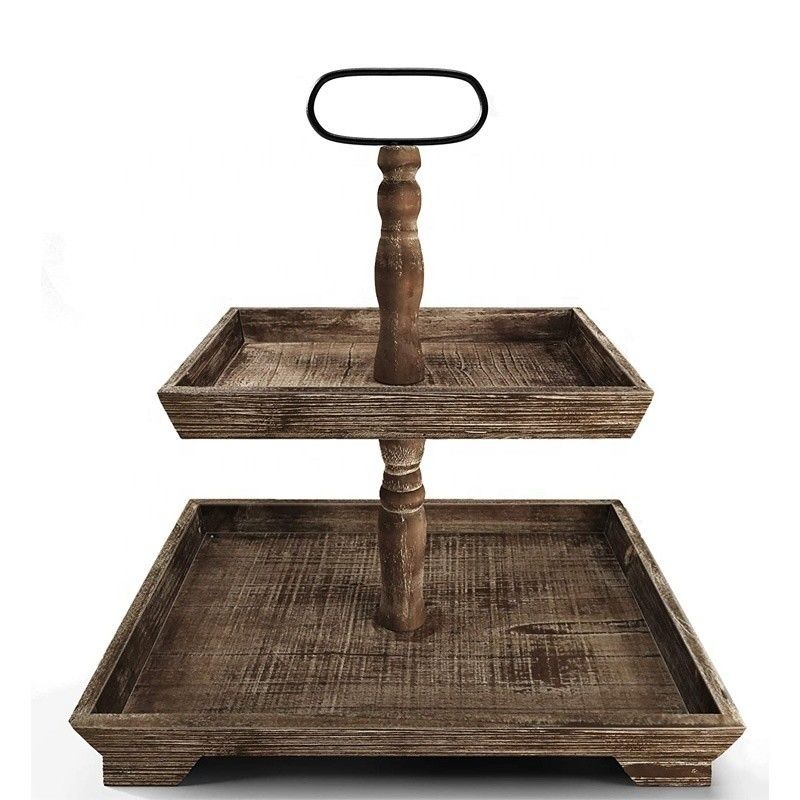 Customização Farmhouse Madeira 2 Tier Tray Stand para servir alimentos Frutas Cupcakes Quadrado Tier no restaurante Home Cake