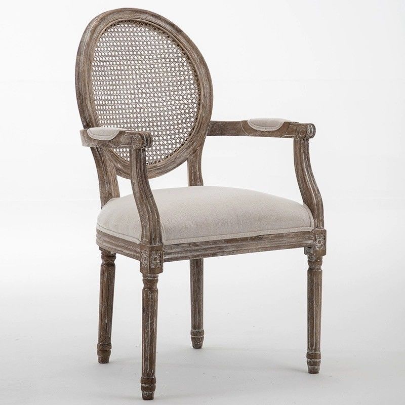 Estilo de Design Moderno Nitrolacquer Finish Estilo Vintage Francês Tecido de Refeição de Madeira Personalizado Louis Armrest Cadeira para Eventos