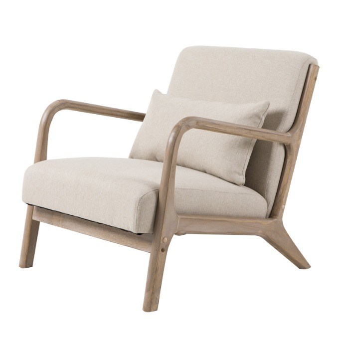 Sofá de sala de estar nórdico moderno com apoio de braço tapiçado e construção de madeira maciça