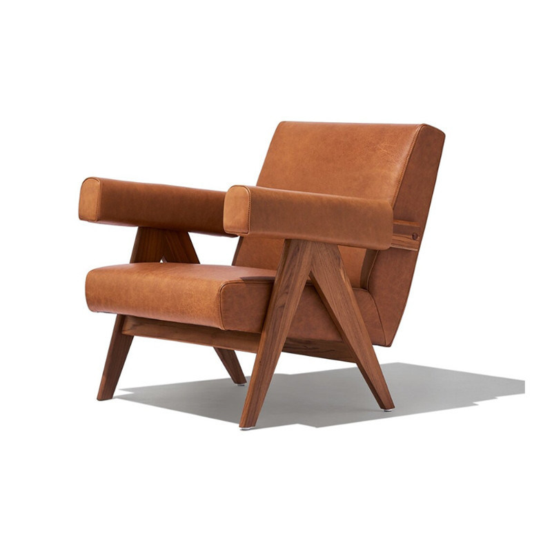 Lounge de lazer Sofá de madeira maciça cadeira com customize PU couro e moldura de madeira de cinza