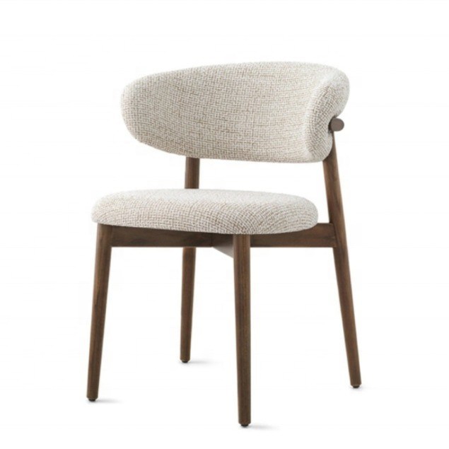 Mobiliário de sala de jantar cor personalizada design tradicional cadeira de madeira de noz com tecido de linho branco e encosto curvo